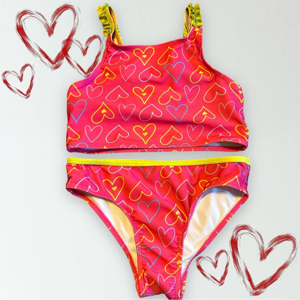 Girls pink & green heart 2pcs swimsuit size 10/12
